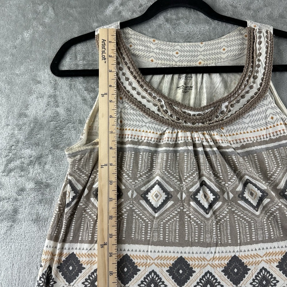 Sonoma Blouse Women's M White Black Orange Gray Geometric Print Beaded Neckline - Picture 3 of 6